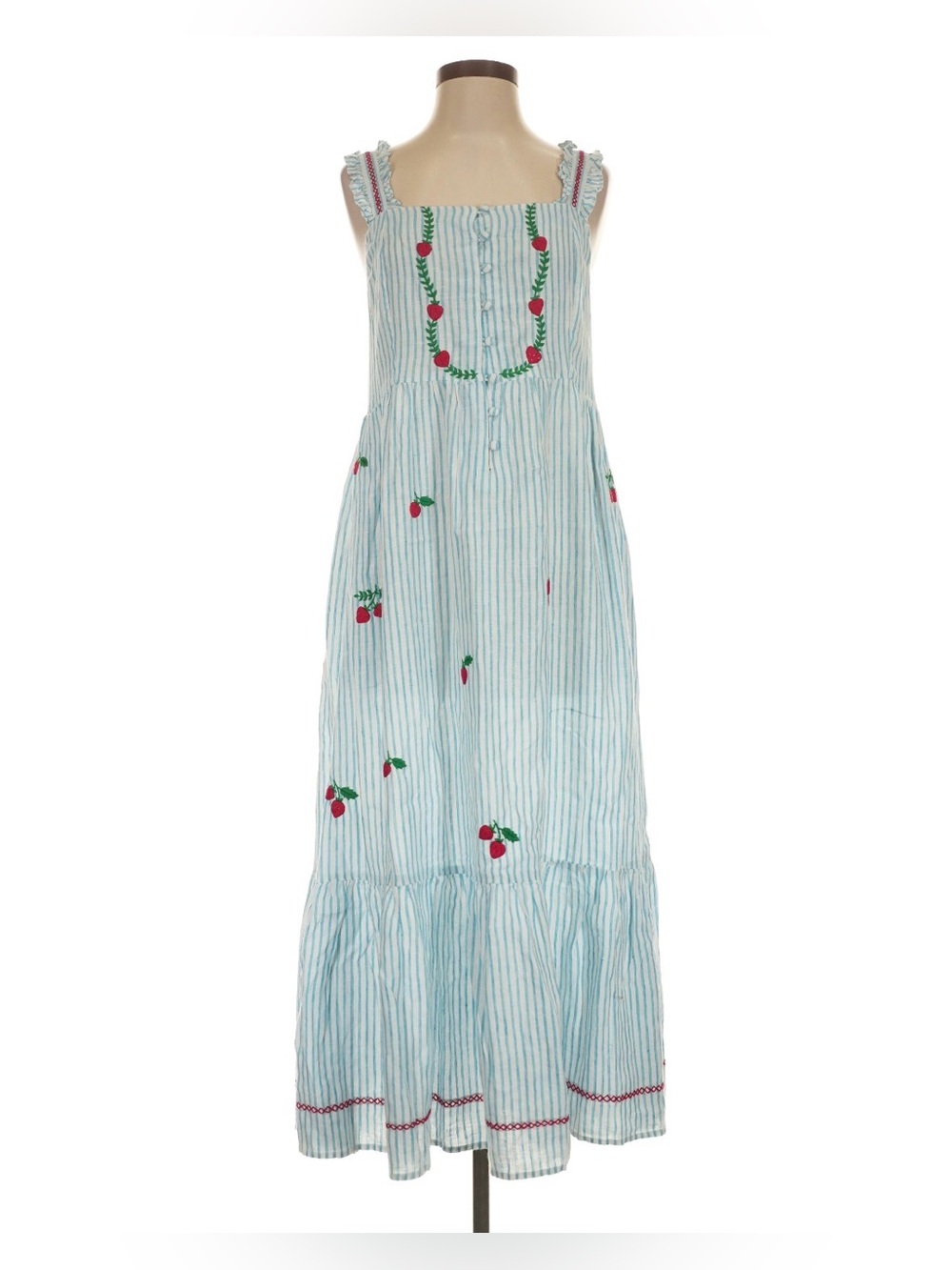 Blue Stripe Embroidered Cherry Maxi Dress